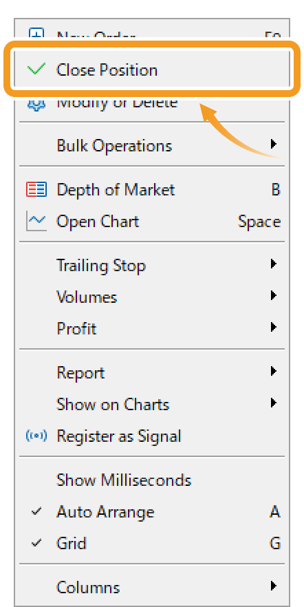 Or, right-click on the position you wish to close and select Close