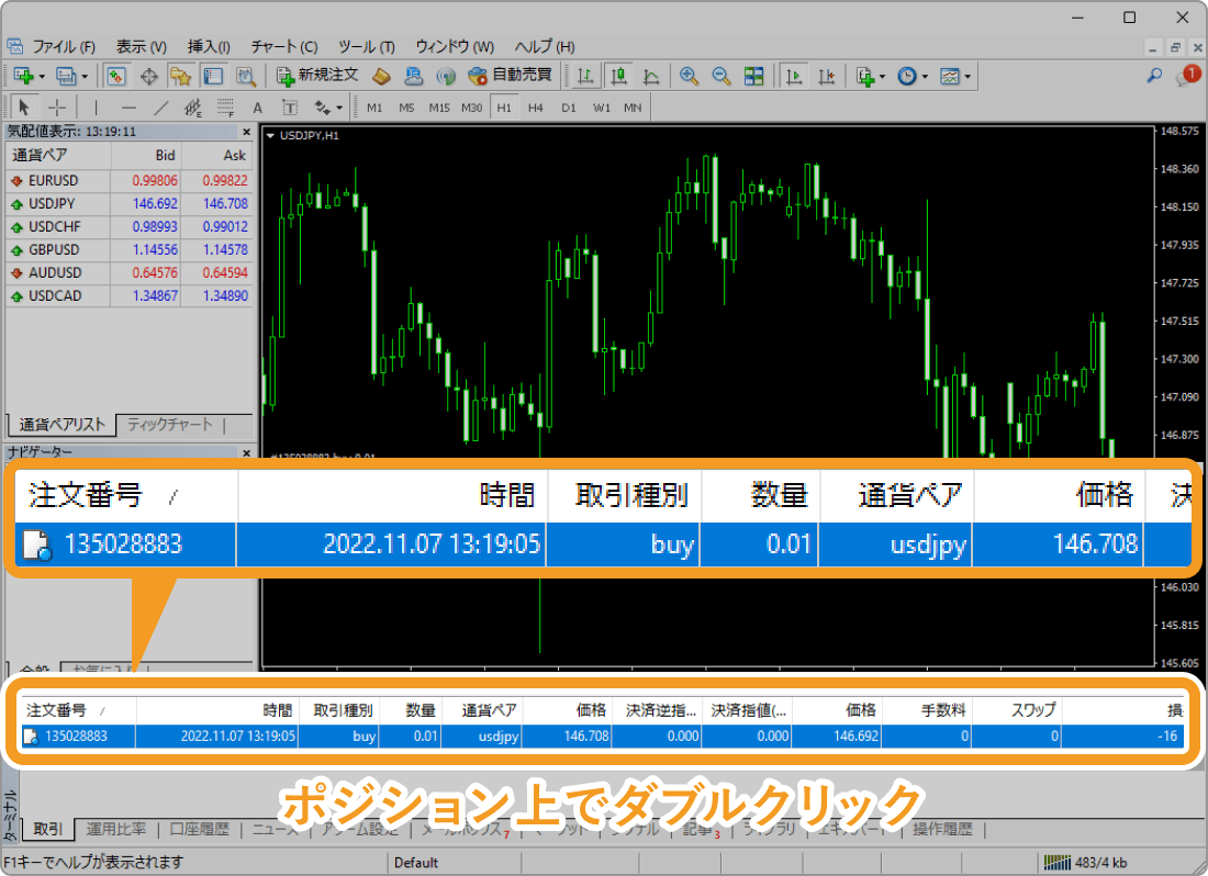 保有ポジションからオーダー発注画面を表示