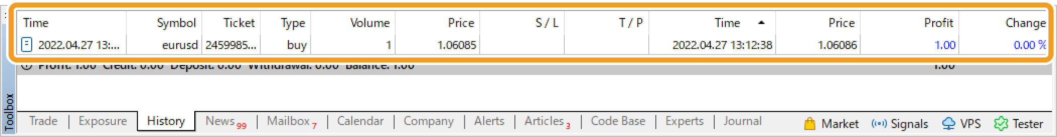 Once the order is executed, the order details will be shown in the History tab of the Toolbox