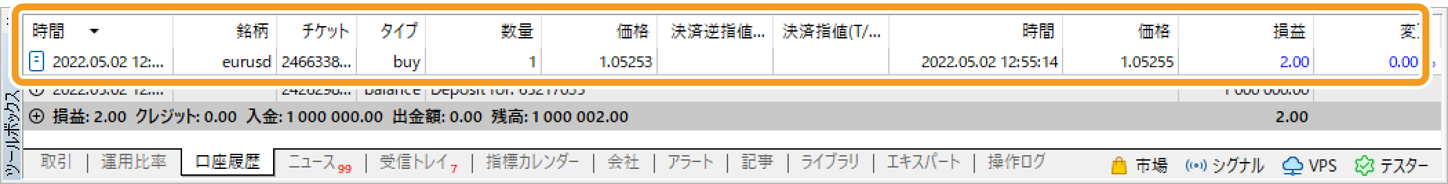 決済注文が執行すると、ツールボックス内の「口座履歴」タブにて、成行決済した注文履歴を確認