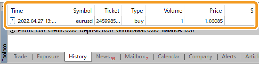 Once the order is executed, the order details will be shown in the History tab of the Toolbox