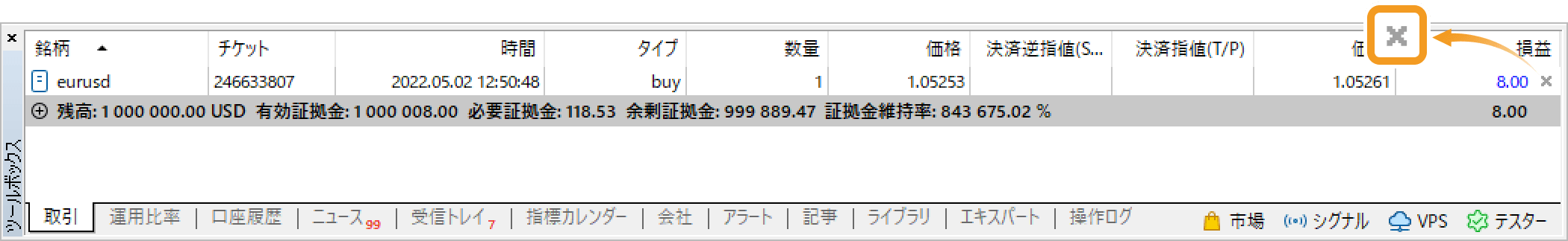 「ツールボックス」の×ボタンで成行決済注文