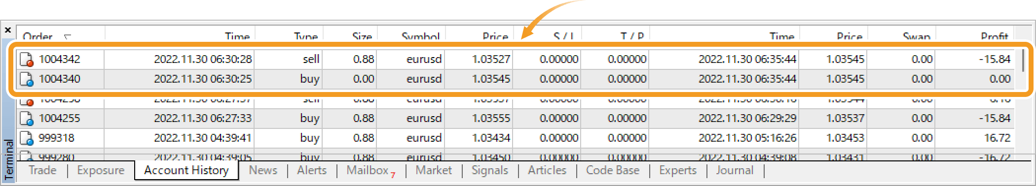 View the closed positions in the History tab