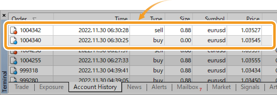 View the closed positions in the History tab