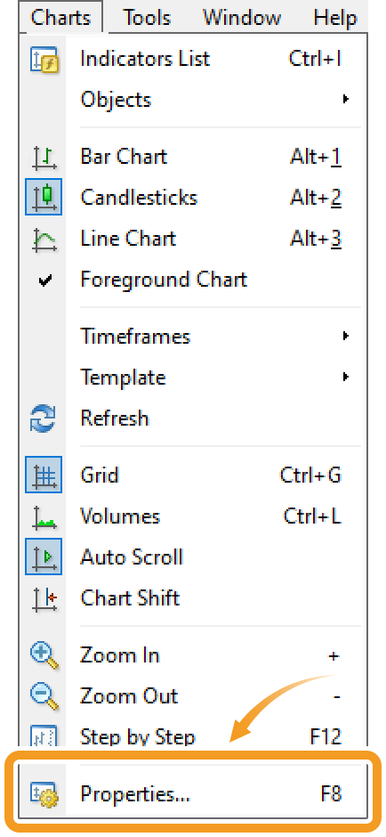 Click Charts in the menu and select Properties