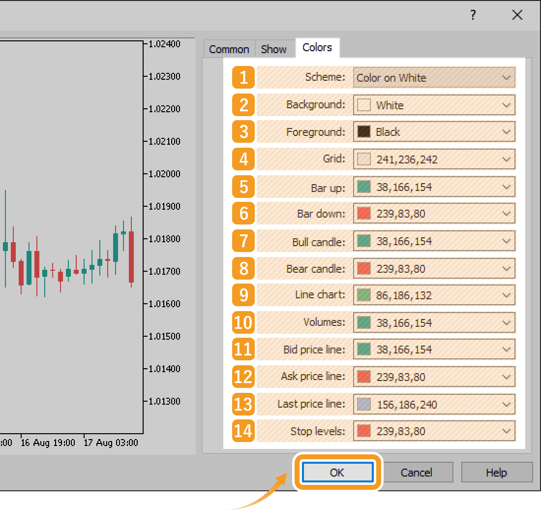 In the Colors tab, set the colors