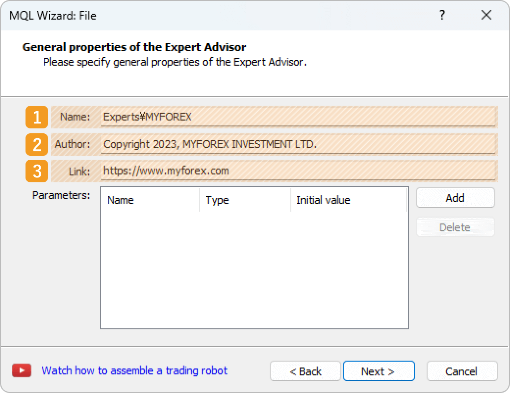 The properties settings for an Expert Advisor