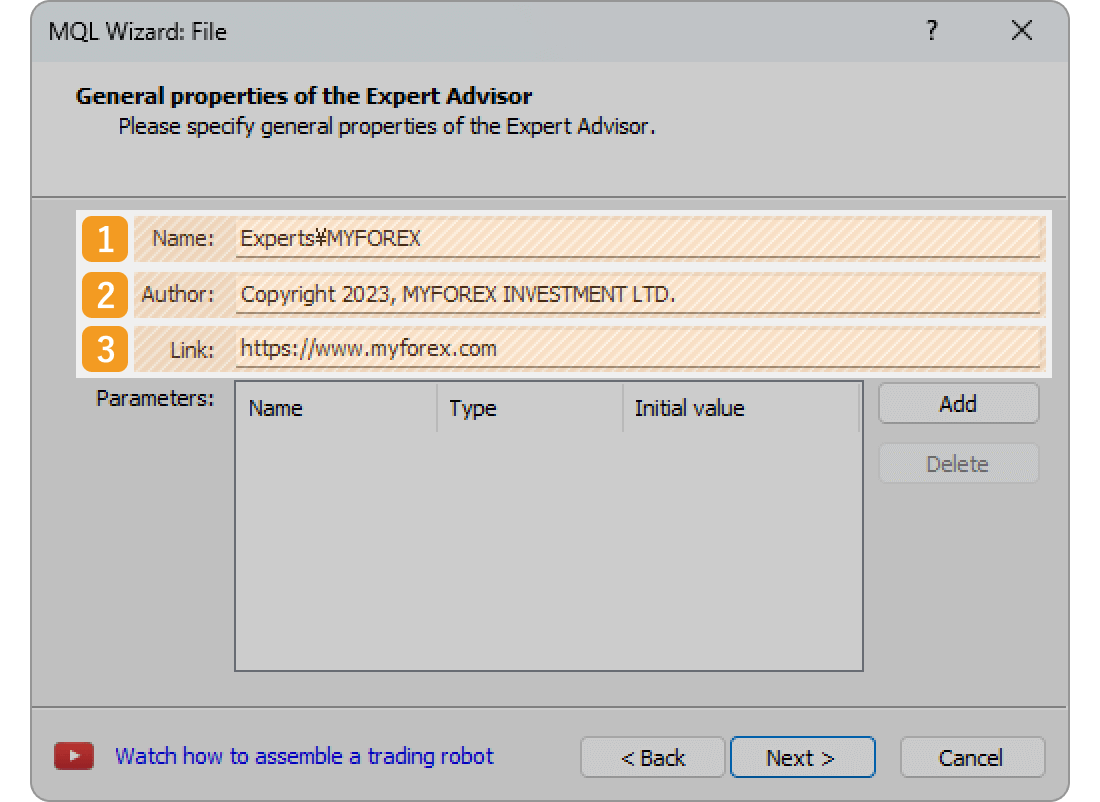 The properties settings for an Expert Advisor