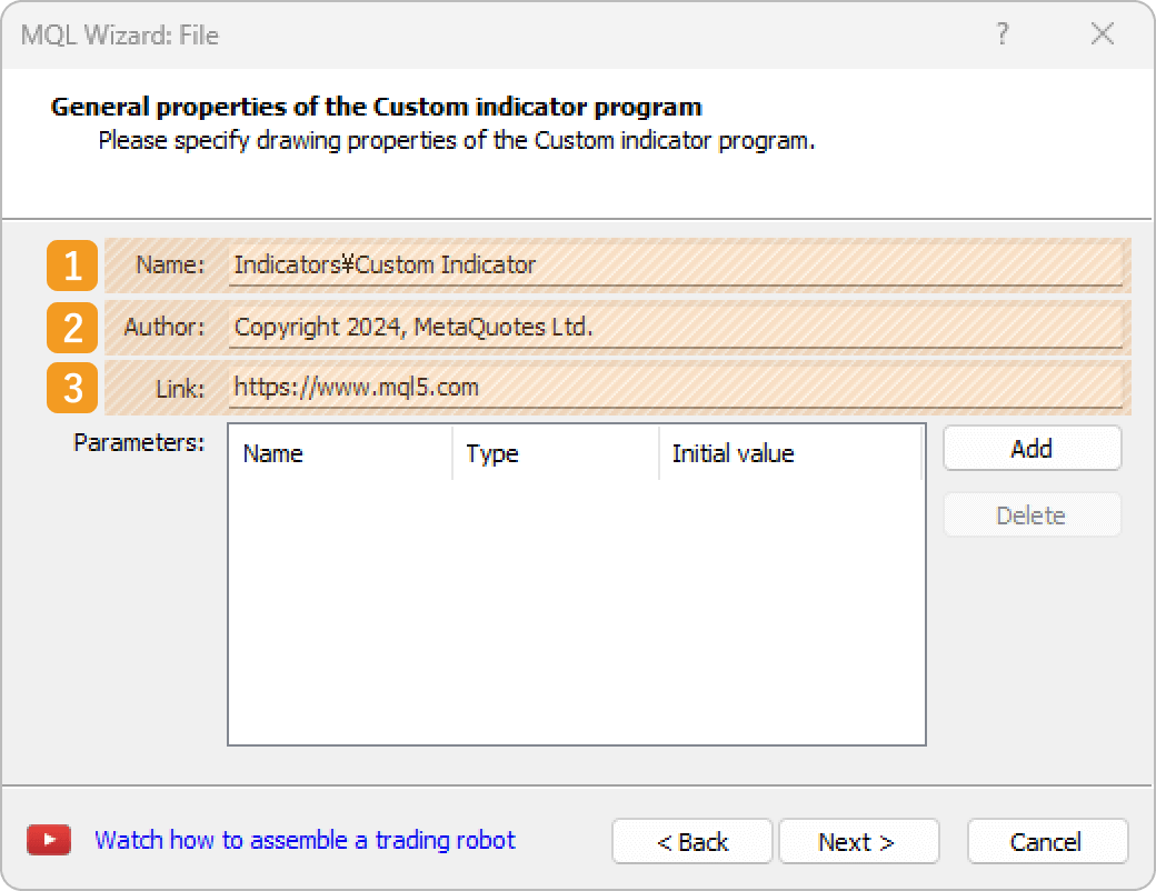 Properties of the custom indicator