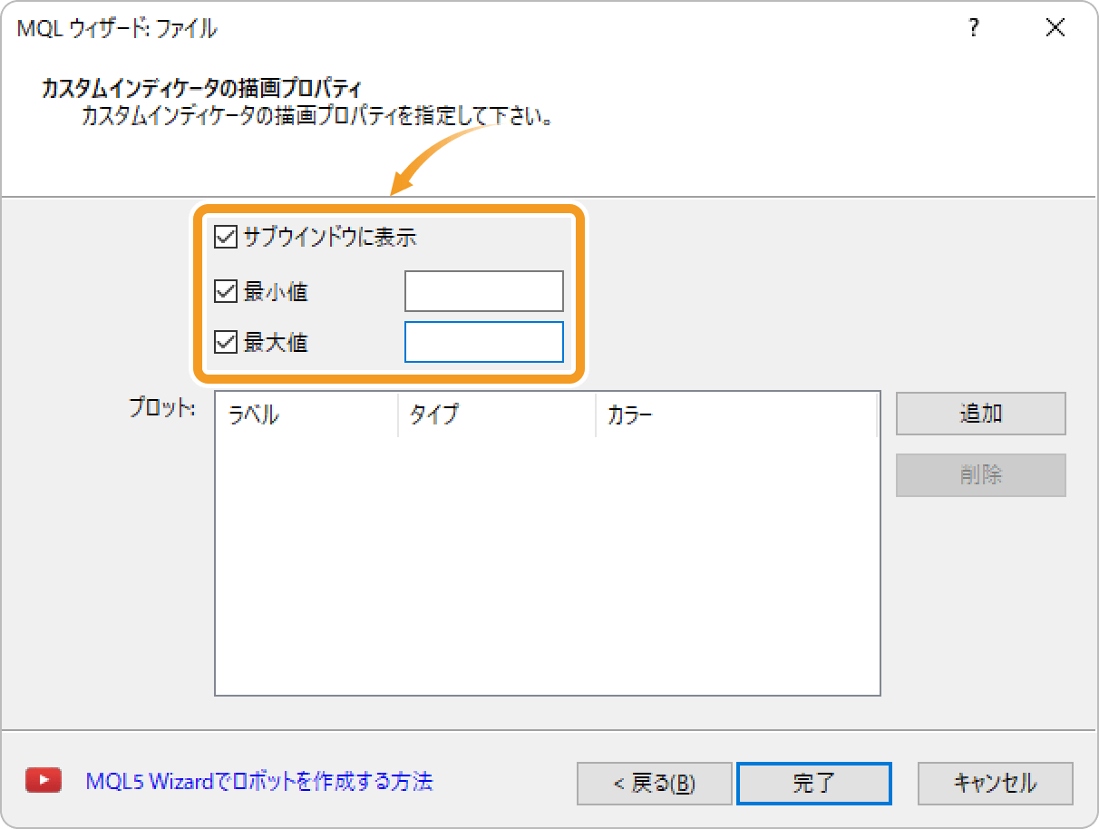 カスタムインディケータの描画プロパティを設定