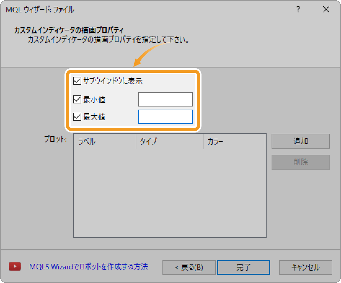 カスタムインディケータの描画プロパティを設定