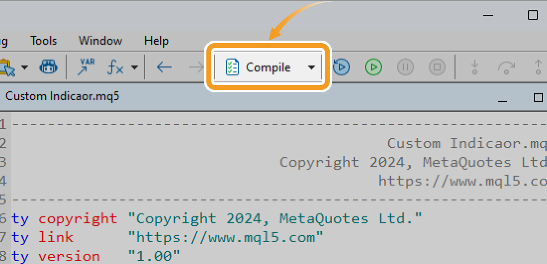 The Compile button on the menu