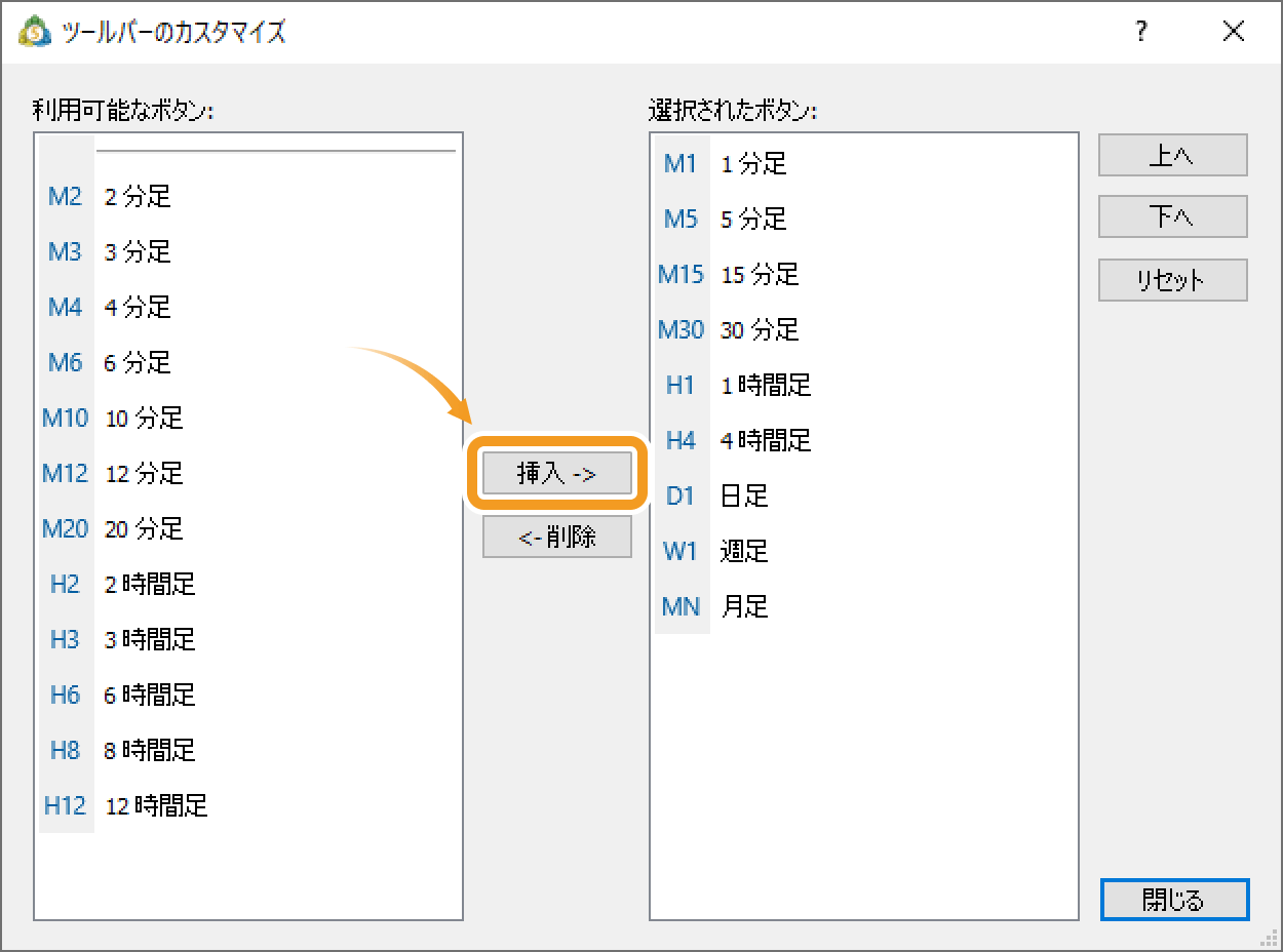 ツールバーに時間足を追加する場合