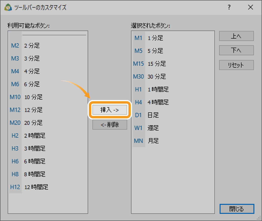 ツールバーに時間足を追加する場合