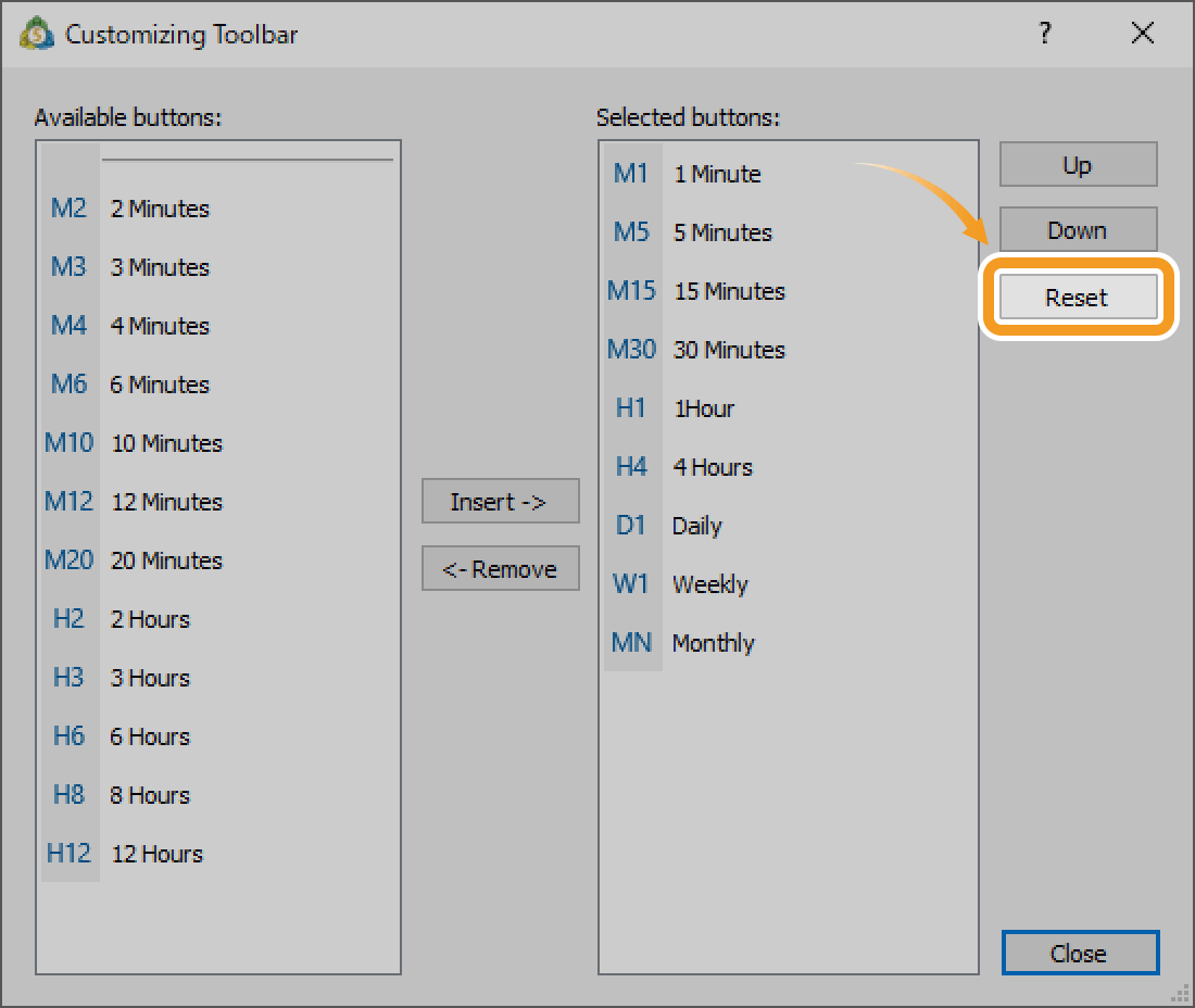 To reset the toolbars to default settings