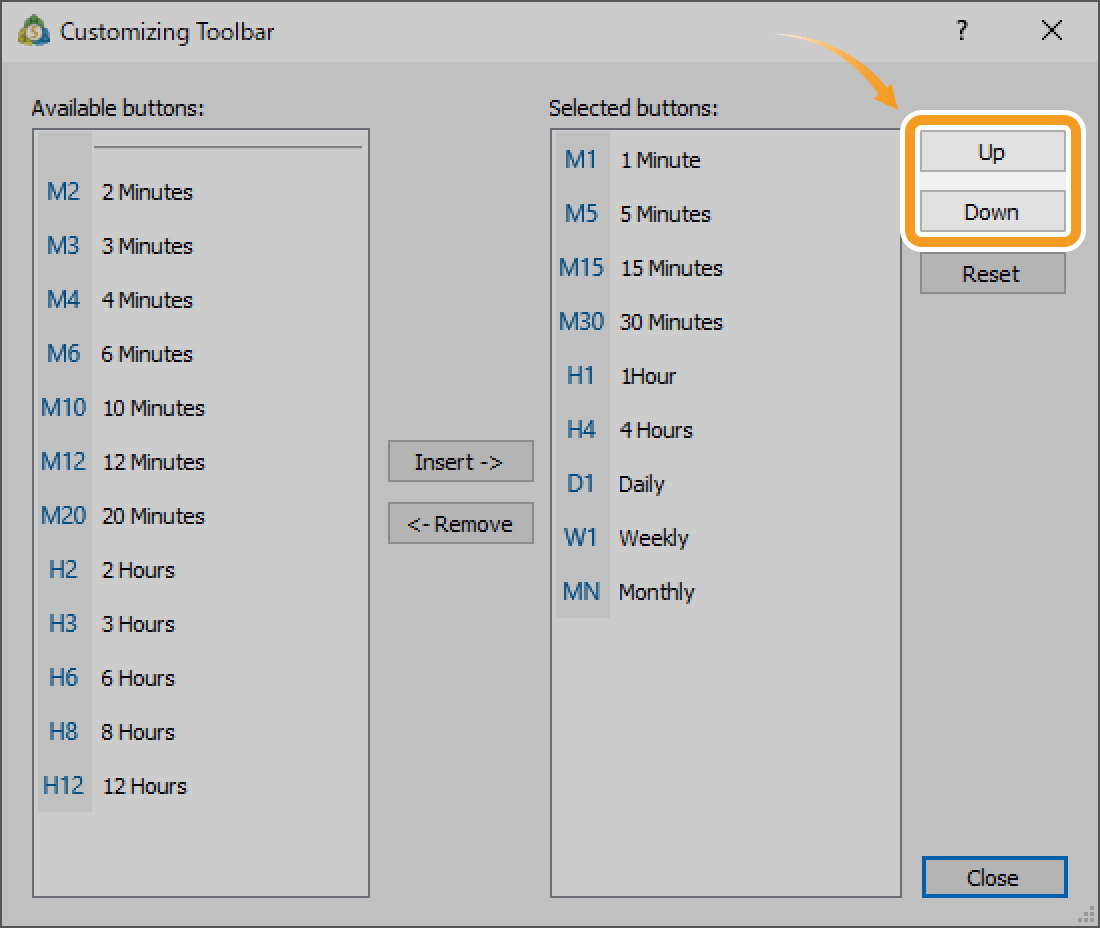 To rearrange the display order of the timeframes