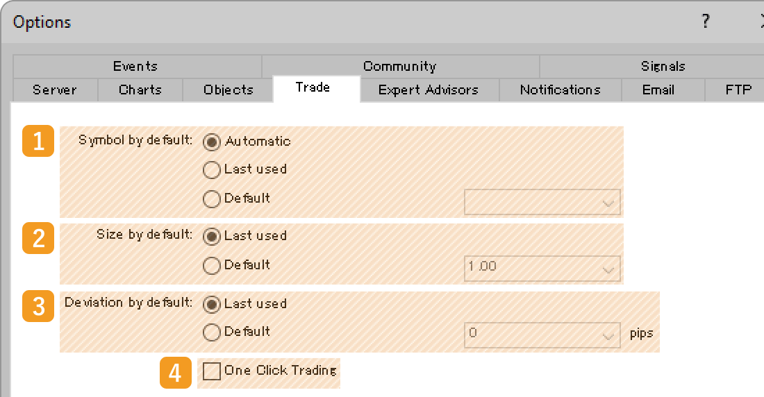 Default settings of the new order window