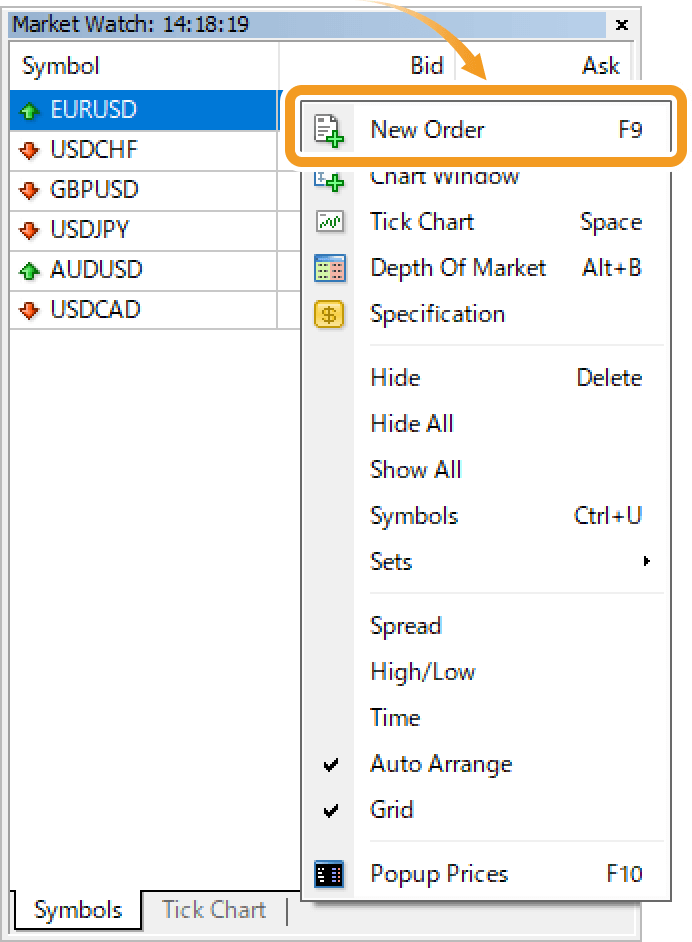 Open the new order window by right-clicking on the Market Watch