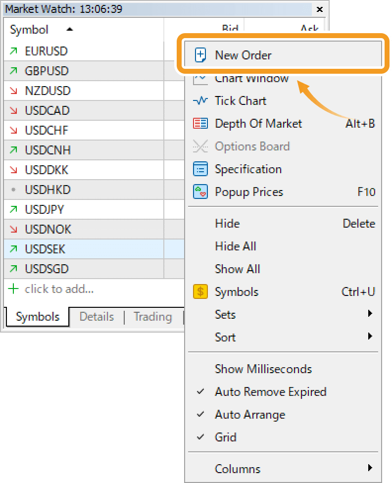 Right-click on the symbol to trade and select New Order