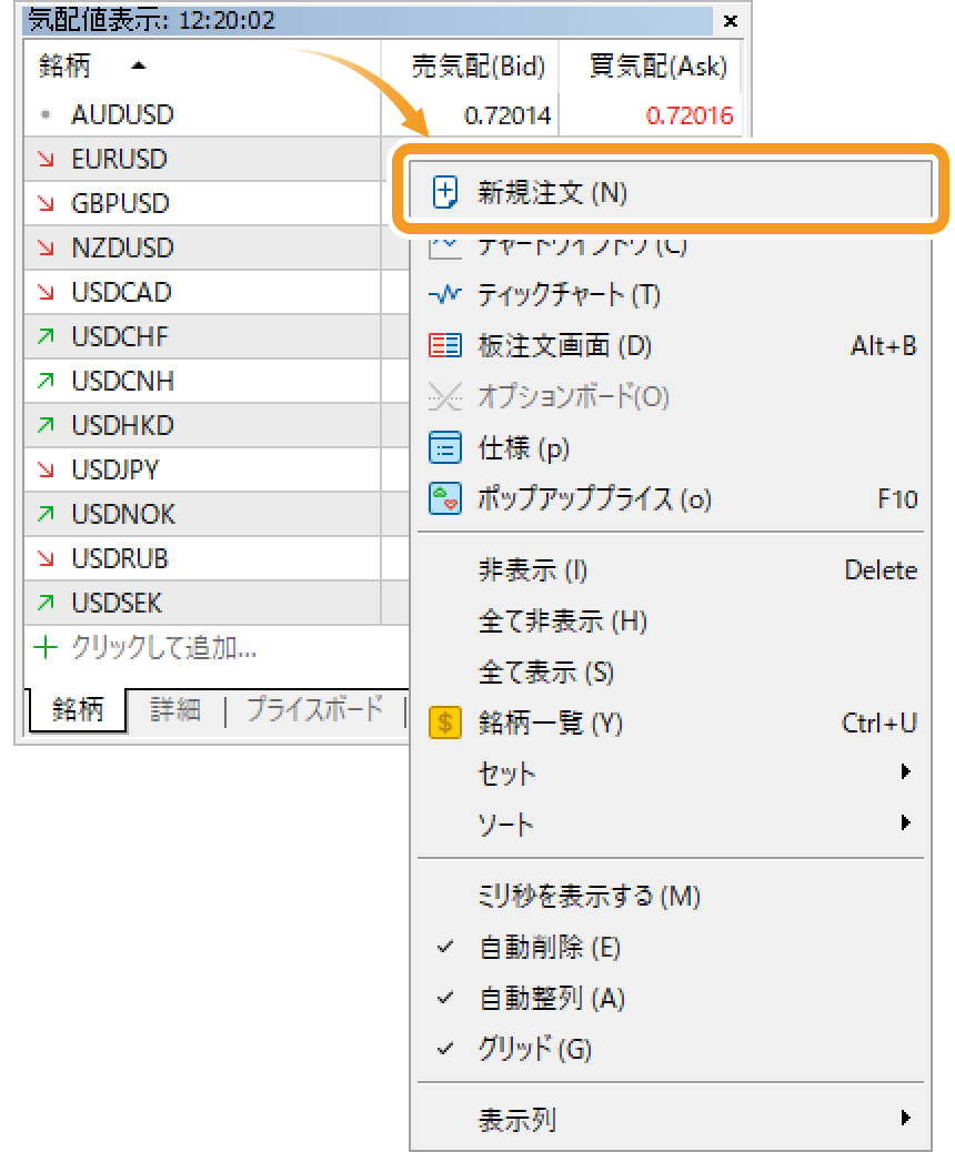 気配値表示内にて、取引する銘柄上で右クリックし、メニュー一覧から「新規注文」をクリック