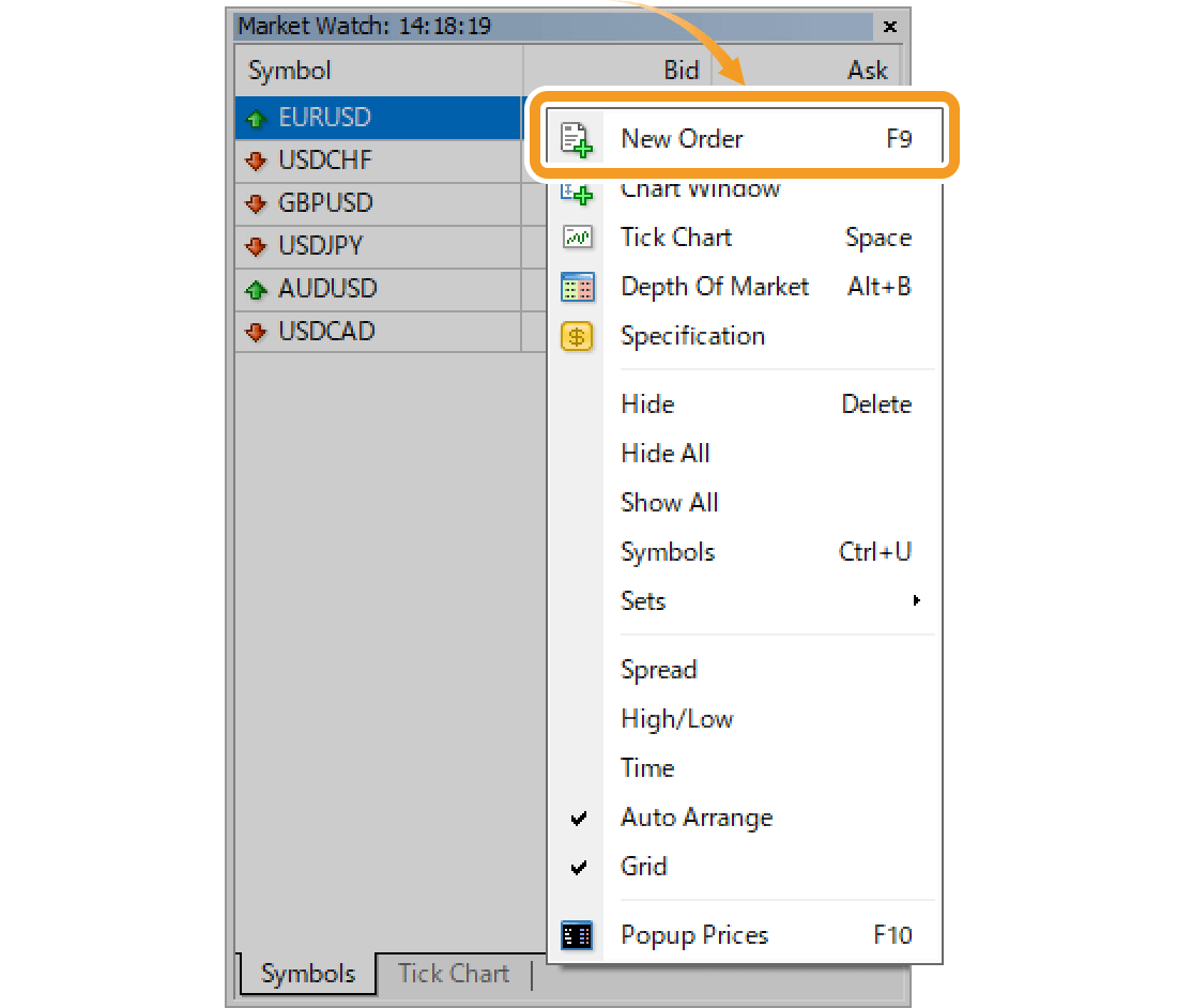 Open the new order window by right-clicking on the Market Watch