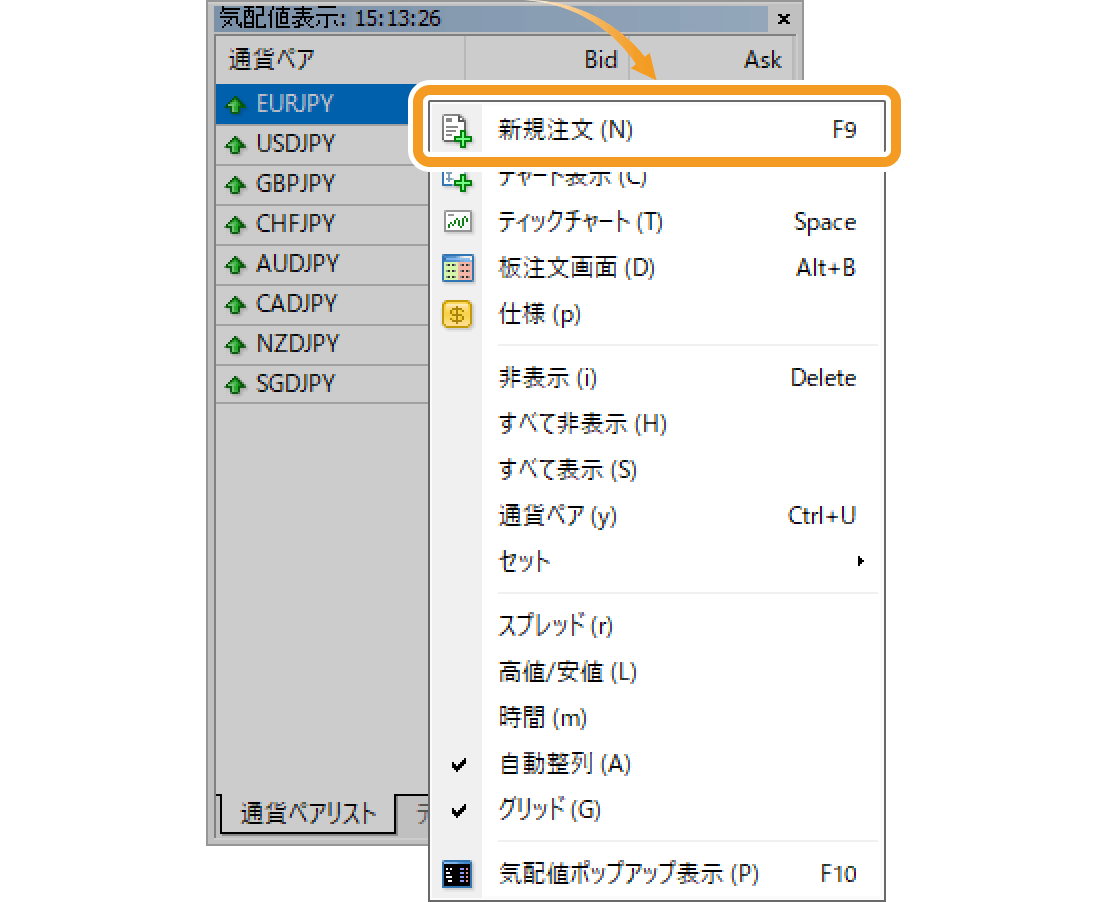 気配値表示から右クリックで新規注文画面を表示