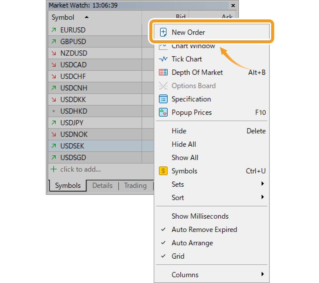 Right-click on the symbol to trade and select New Order