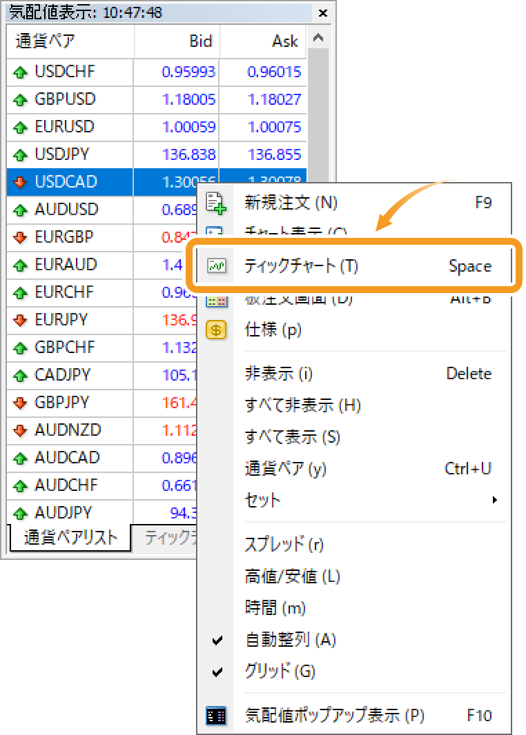 気配値表示欄のコンテキストメニュー