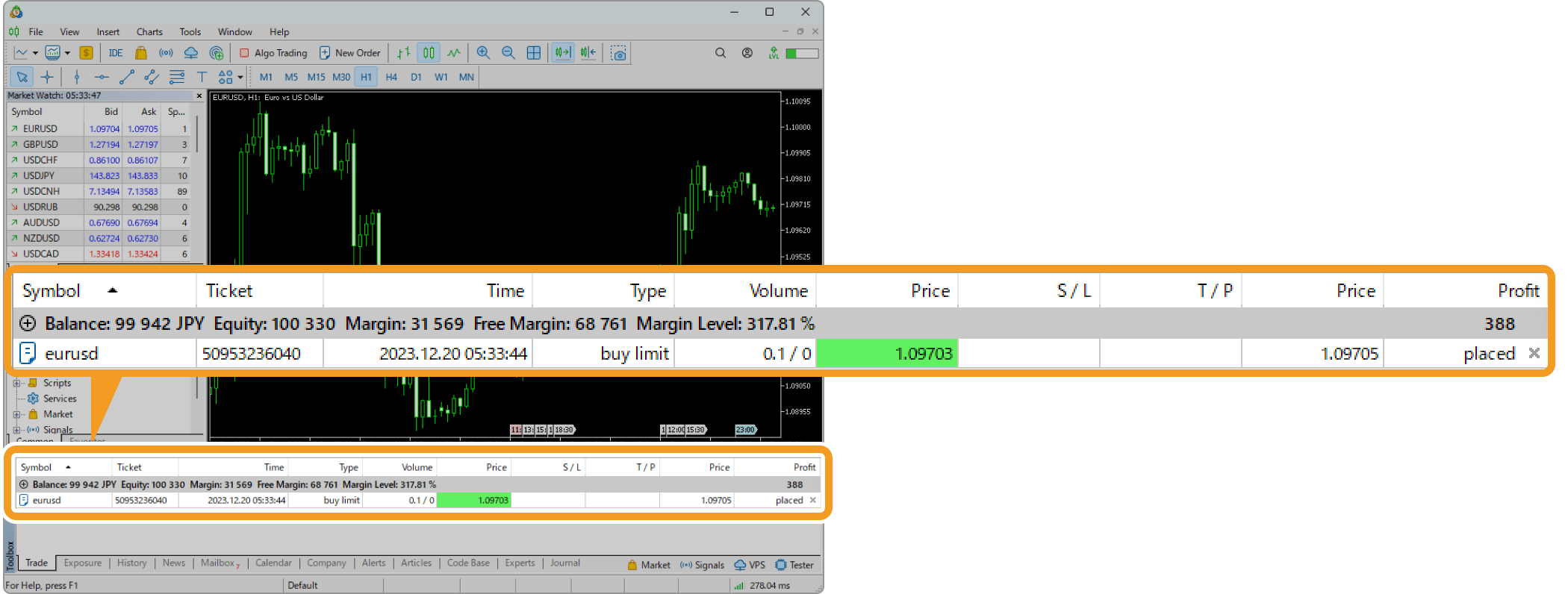 The order details will be added below the balance line in the Trade tab of the Toolbox as a pending order