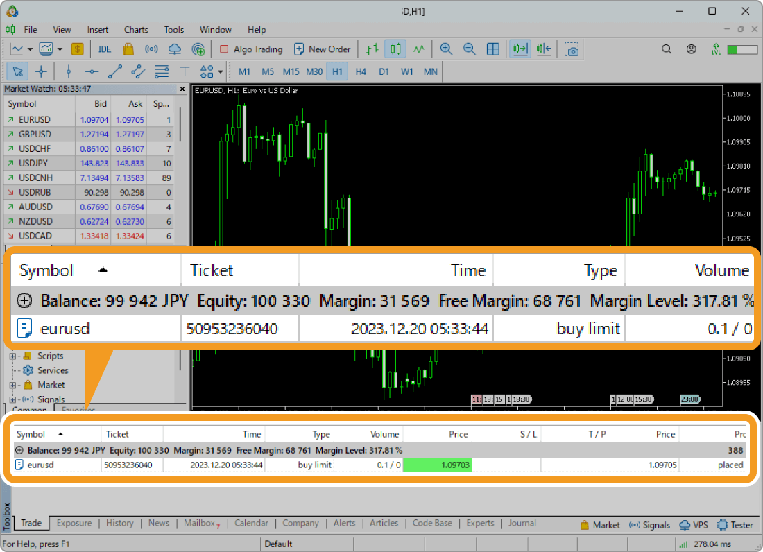 The order details will be added below the balance line in the Trade tab of the Toolbox as a pending order