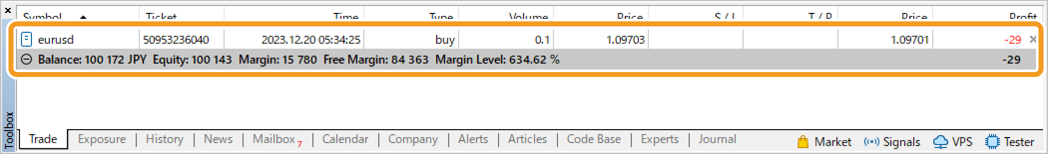 The order details will be updated as an open position and moved above the balance line