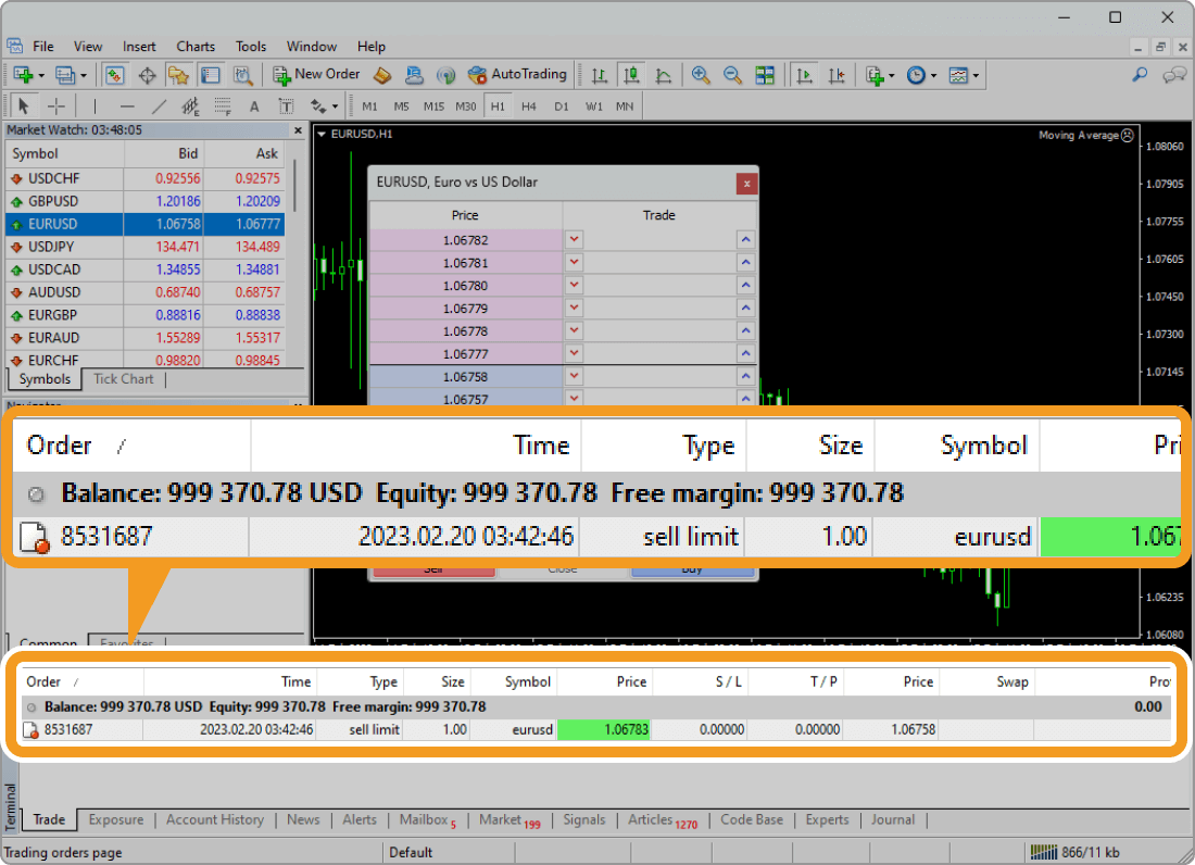 Check a pending order in the Trade tab of the Terminal