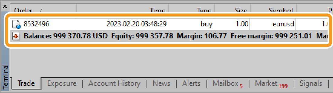 Check an executed order in the Trade tab of the Terminal