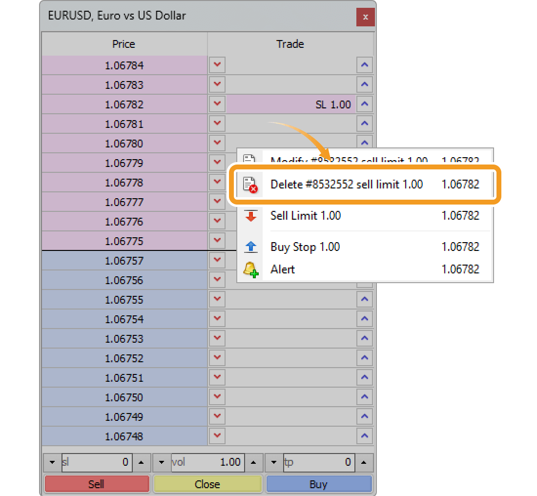 Delete a limit/stop order on the Depth of Market