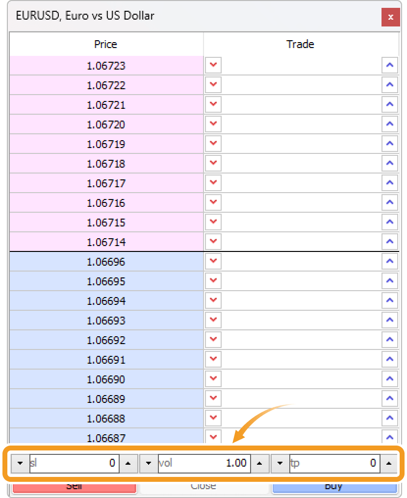 Specify an order on the Depth of Market window