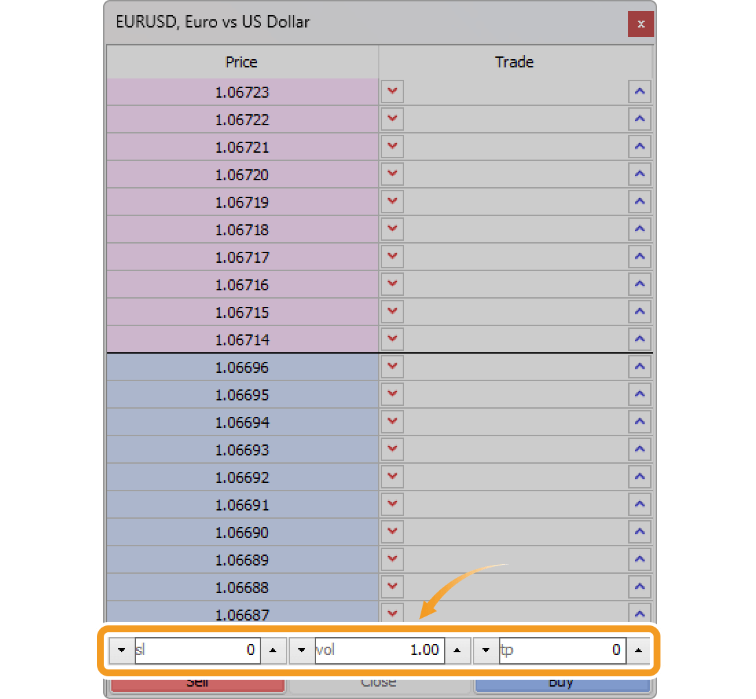 Specify an order on the Depth of Market window