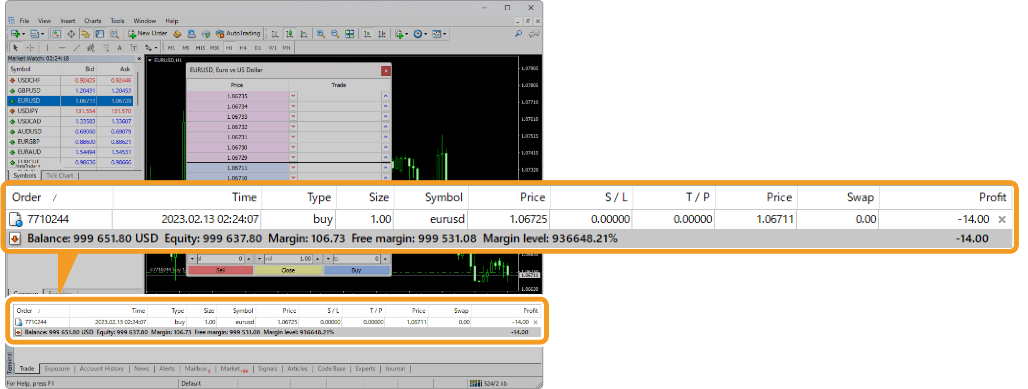 Order details in the Trade tab of the Terminal