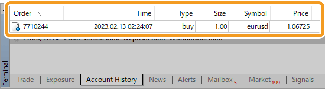 Closed positions in the Account History tab of the Terminal