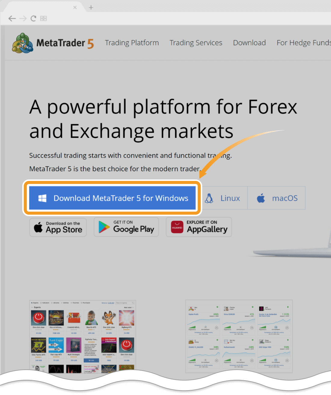 Click the download link for MT5 for Windows