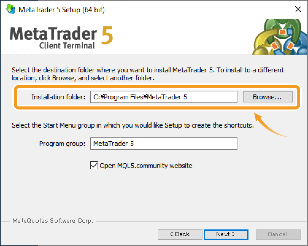 To specify the installation folder for MT5