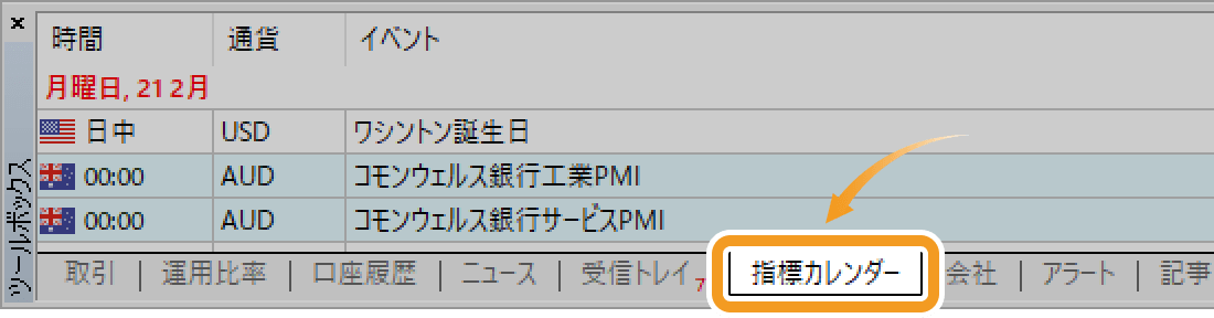 ツールボックスの「指標カレンダー」タブをクリック