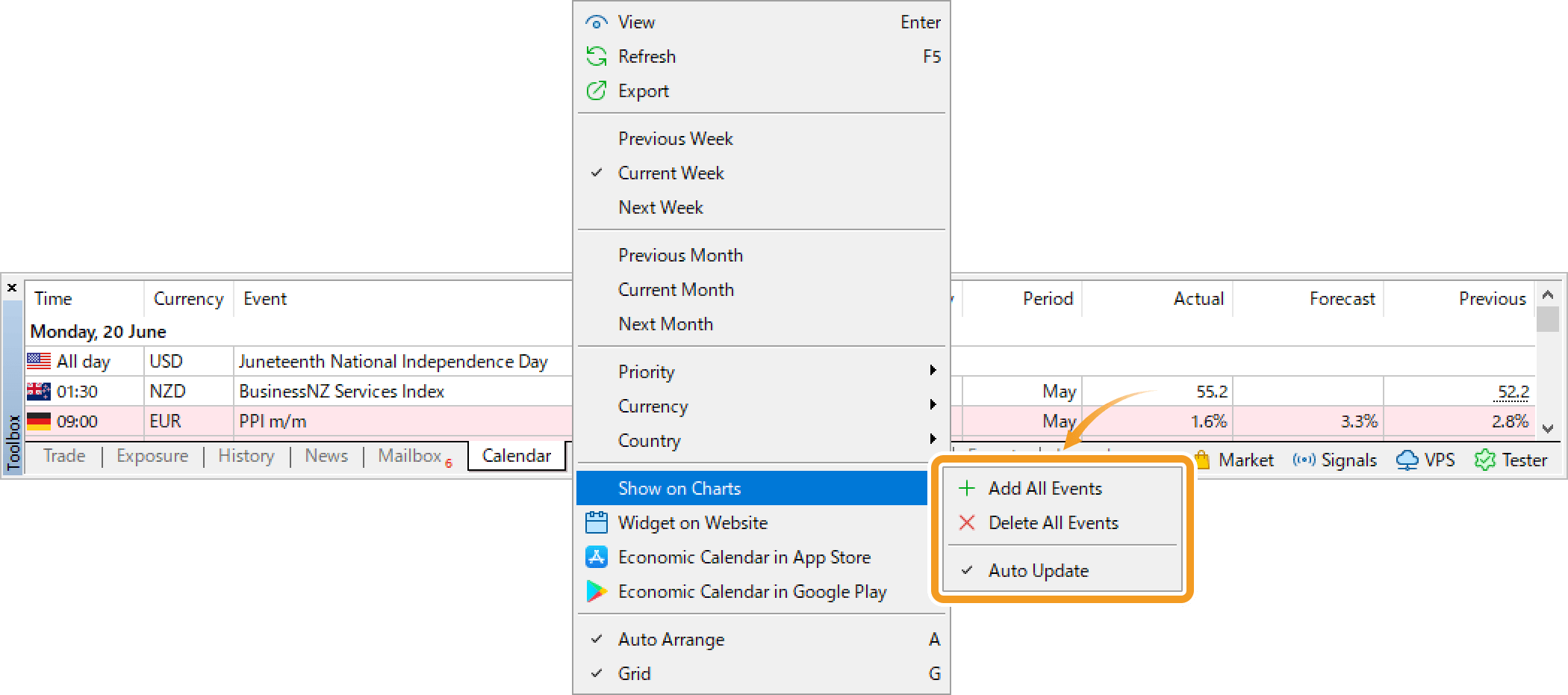 To show or hide the calendar on the chart, right-click in the Toolbox. Select Delete All Events to hide it, or select Add All Events to show it