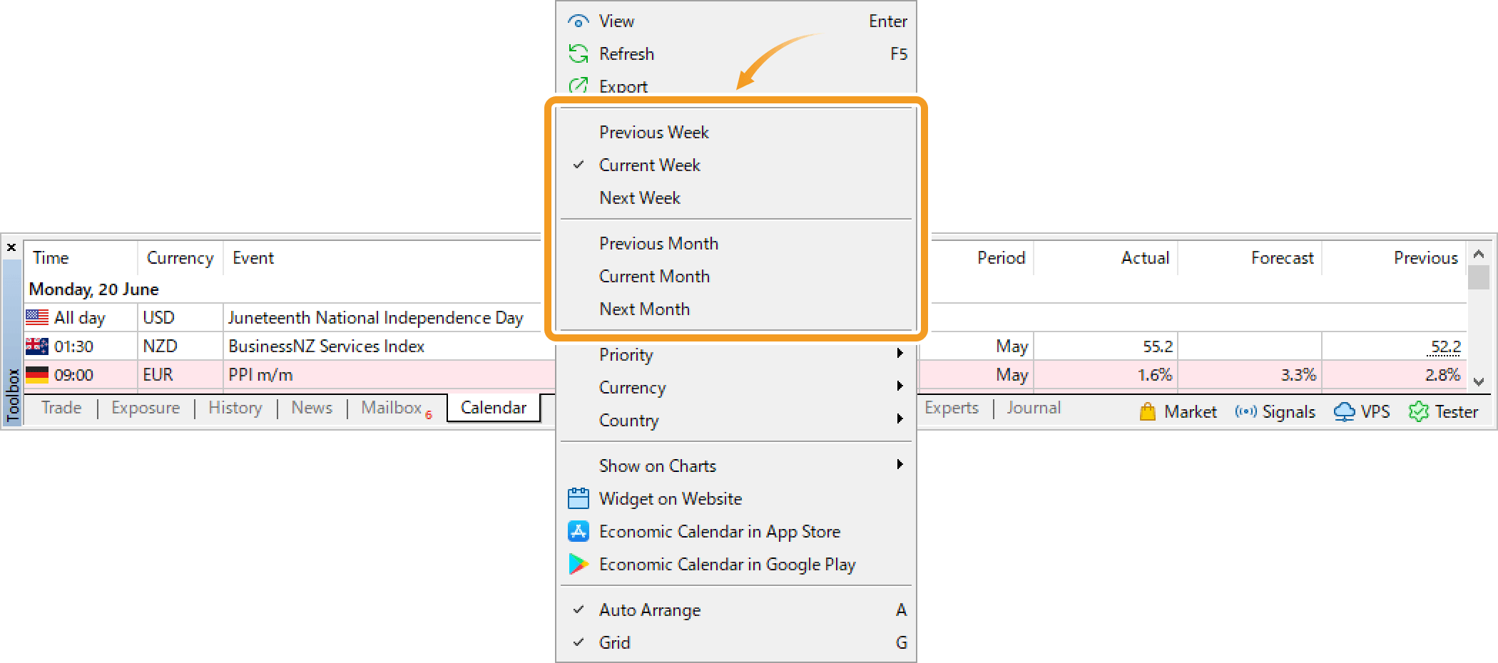 To change the period of the calendar to show, right-click in the Toolbox and choose your preferred period