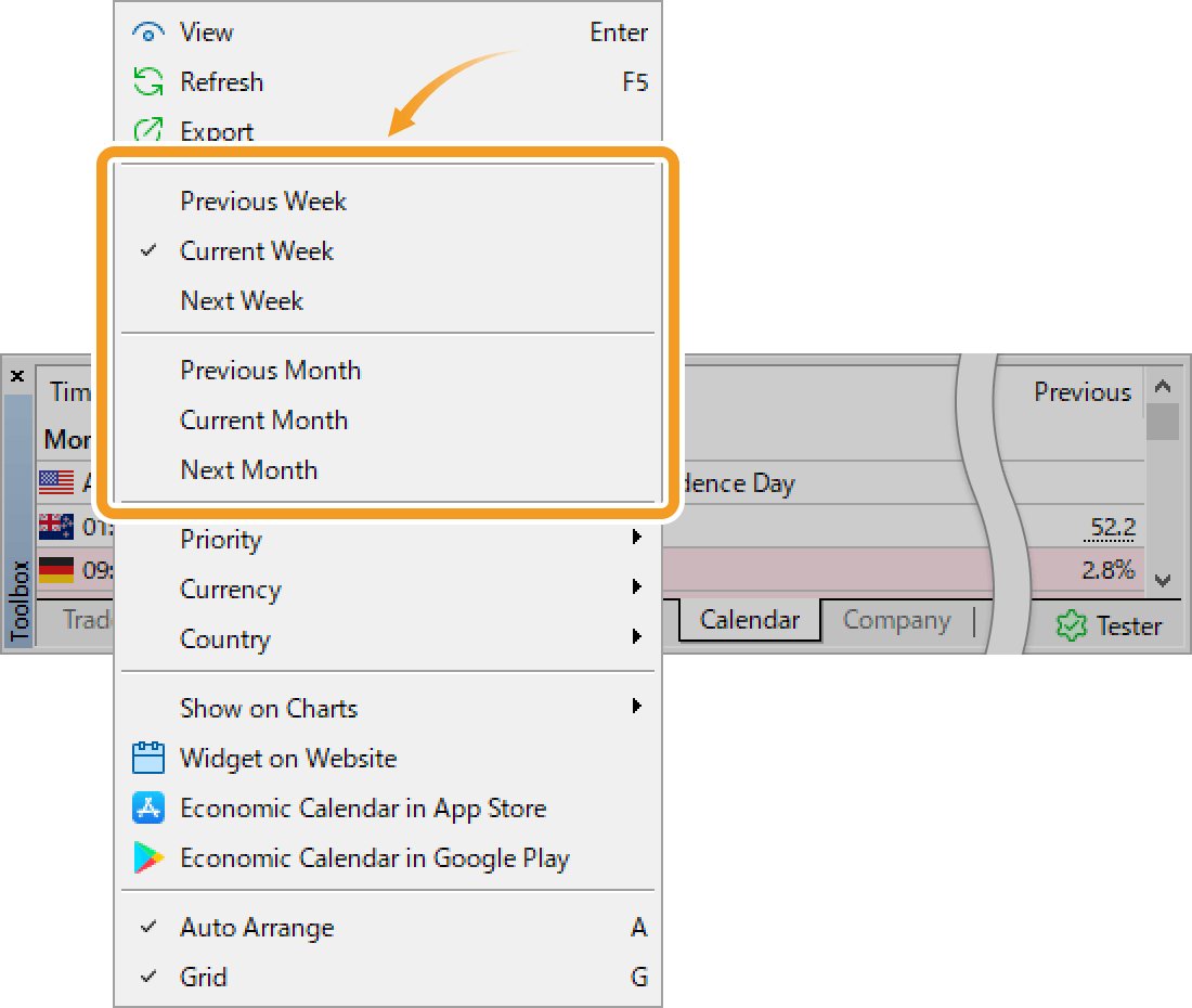 To change the period of the calendar to show, right-click in the Toolbox and choose your preferred period