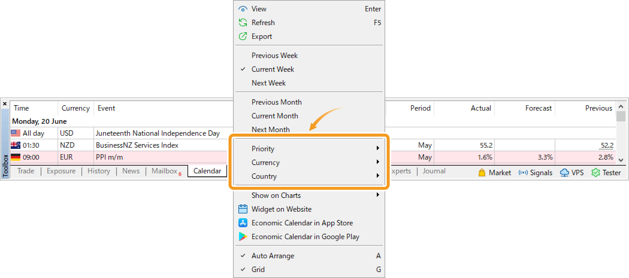 Move the pointer over Priority to filter by impact, Currency to filter by currency, or Country to filter by country, and uncheck the unnecessary items