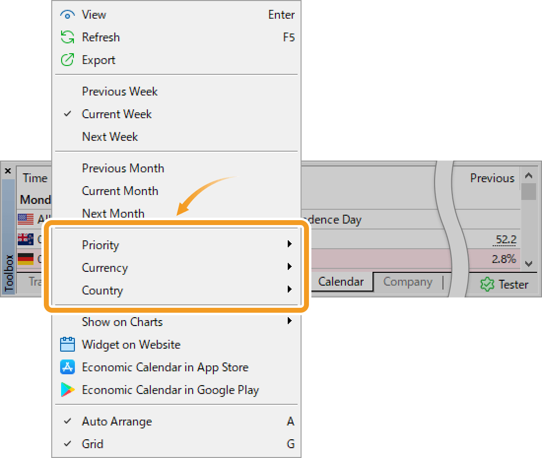 Move the pointer over Priority to filter by impact, Currency to filter by currency, or Country to filter by country, and uncheck the unnecessary items