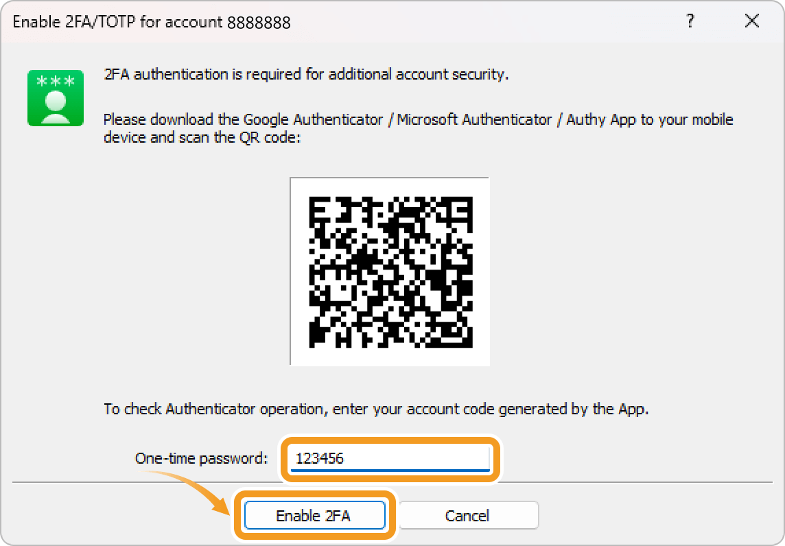 Enable 2FA/TOTP for account