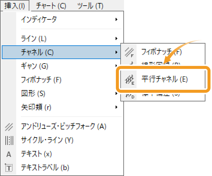 メニューバーから平行チャネルを表示