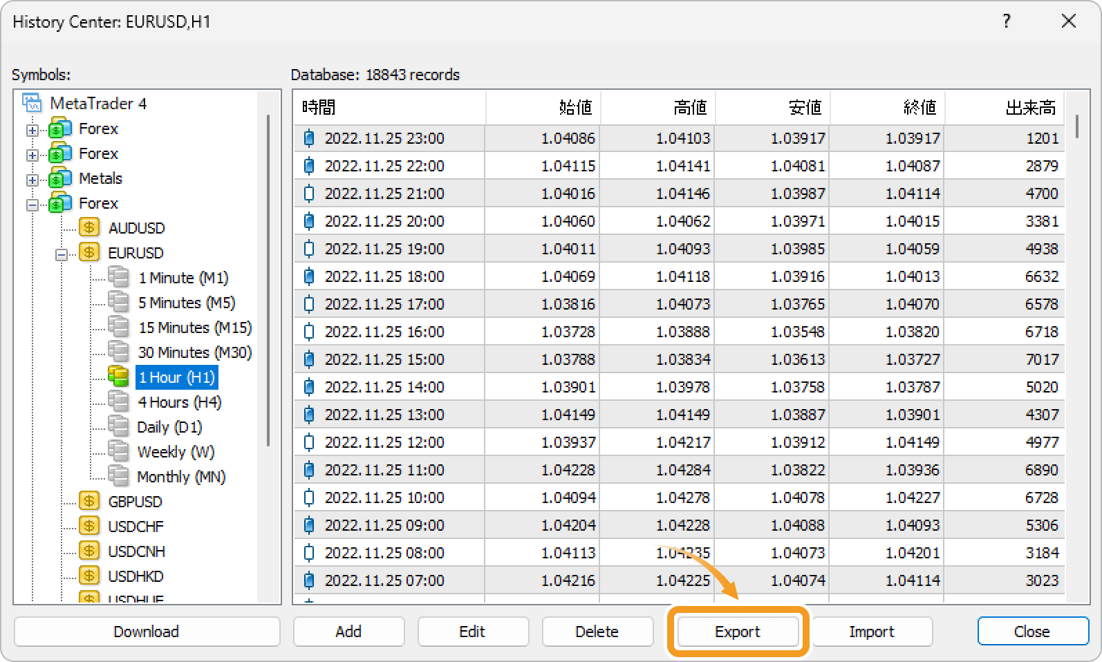 Export historical data