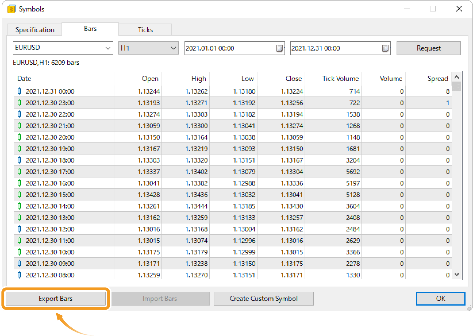 Export historical bar data